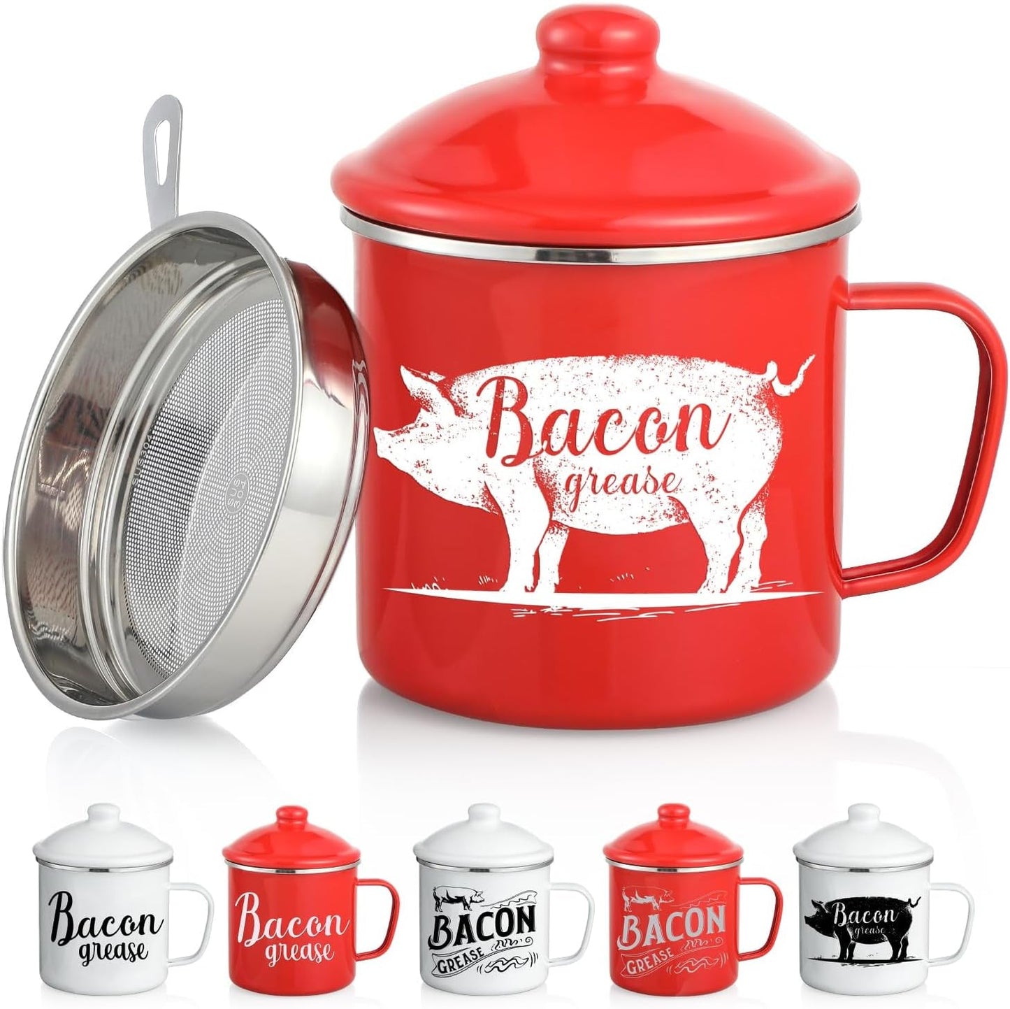 46OZ LARGE Bacon Grease Saver with Fine Mesh Strainer & Handle - Enamel Oil Keeper Container, Bacon Fat Dripping Can - Farmhouse Kitchen Gift & Decor Cooking Accessories - Red, Style 2