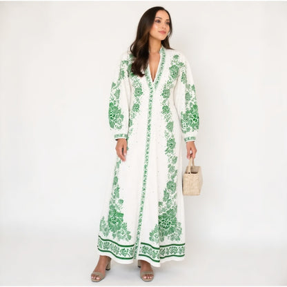 Esmeralda Green Print  Maxi Dress Long Lantern Sleeves