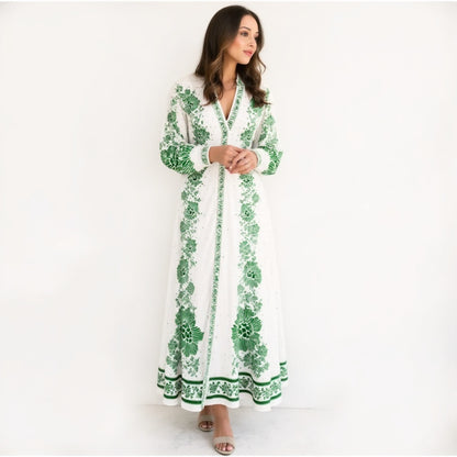 Esmeralda Green Print  Maxi Dress Long Lantern Sleeves