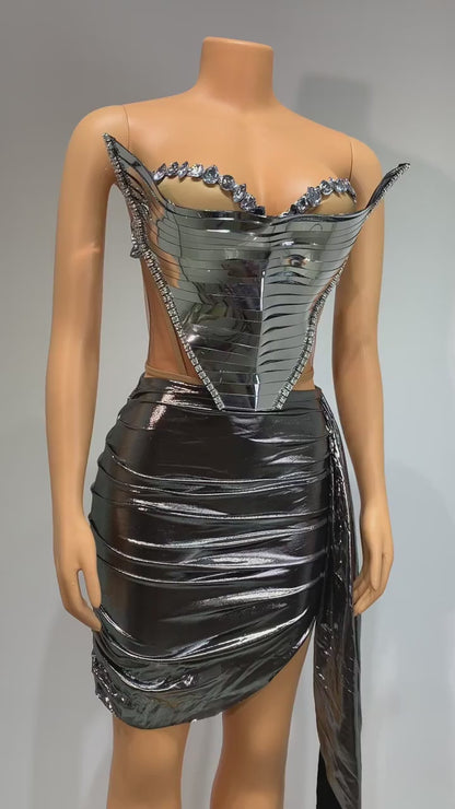 Elegance Rhinestone Two Piece Metallic Skirt Set
